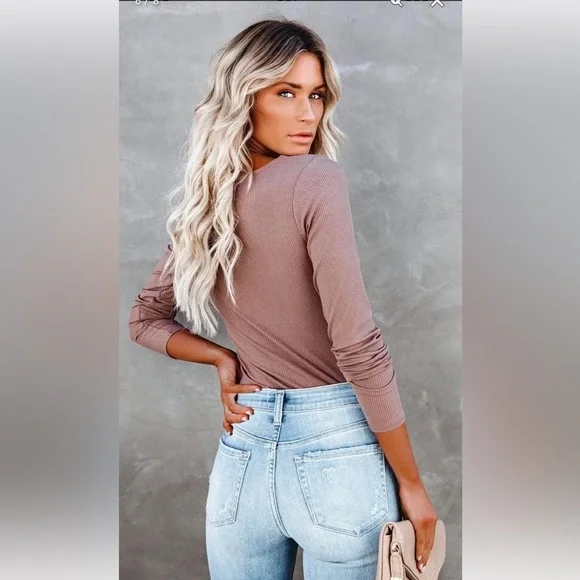 VICI Trina Square Neck Ribbed Bodysuit in Mocha Tan Cognac Light Brown Nude - Picture 3 of 8